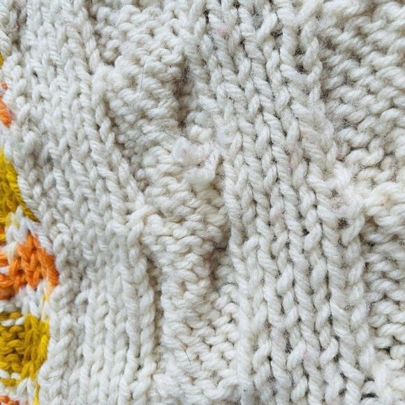 Vintage 1970s Cable Knit Handmade Afghan Throw Blanket Orange Cream Gold 67"x68" - Picture 6 of 7